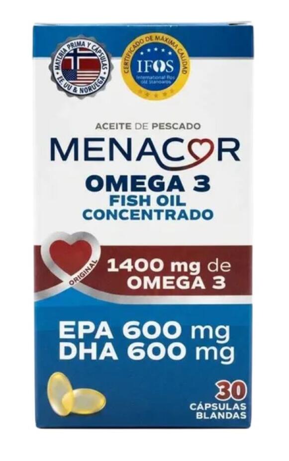 Menacor Omega 3 Conc. 1400 mg Ac. Pescado x 30 caps = Framingham Pharma