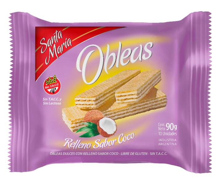 Obleas Dulces Rellenas Sabor Coco x 100 gr - Santa Maria